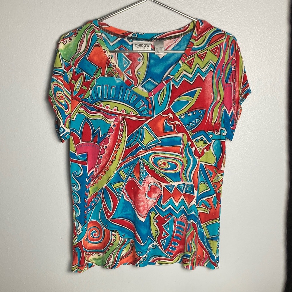 Chico's Travelers Bright Multicolor Abstract V-Neck Tee